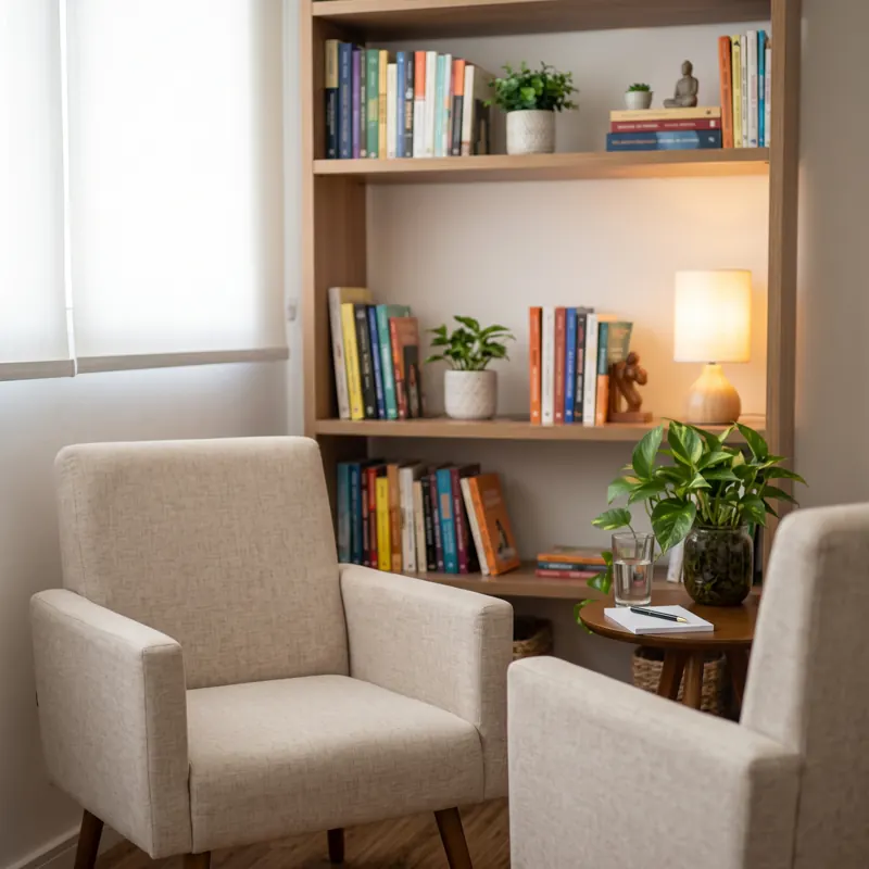 Consultório com duas poltronas claras, estante de livros e um abajur aceso